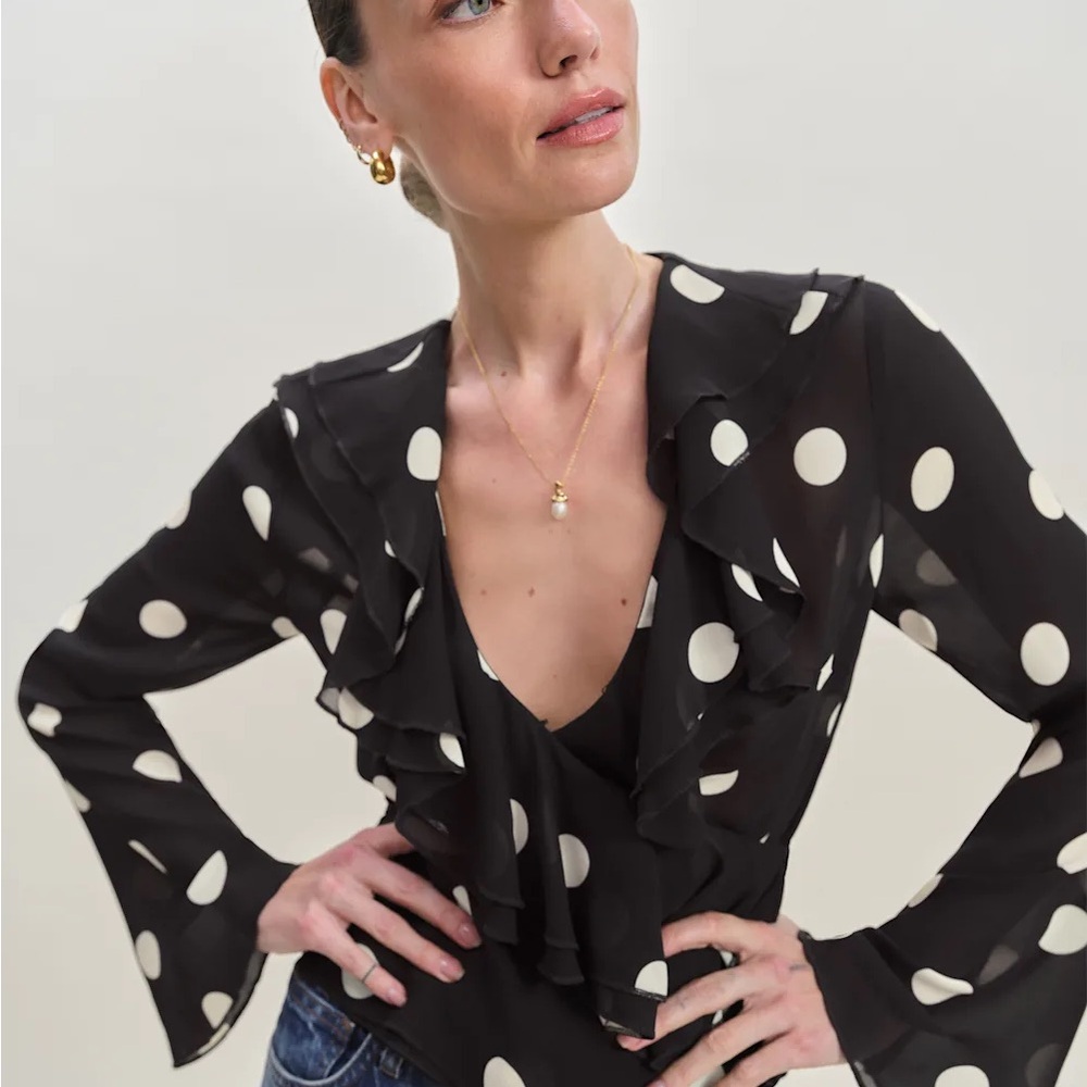 Reformation Kilah Black and White Polka Dot Blouse nwt